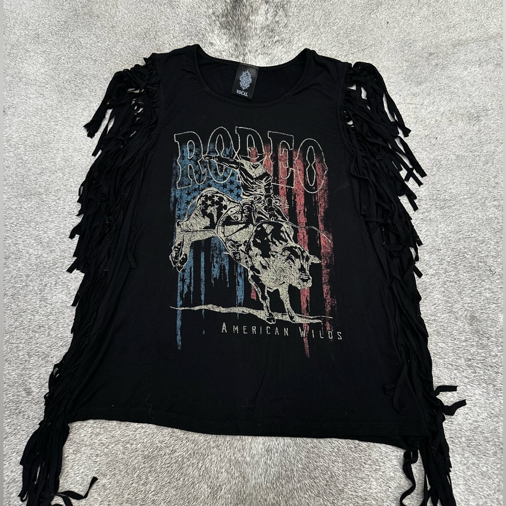 Vocal Black Fringe Tank Top with Rodeo Graphic